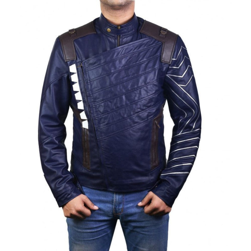 Winter Vintage Blue Pure Sheepskin Motorcycle Leather Jacket For Men