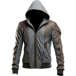 Winter Grey Hooded Moto Genuine Sheepskin Biker Leather Jacket For Men