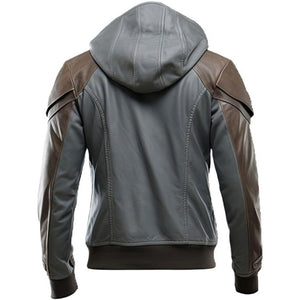 Winter Grey Hooded Moto Genuine Sheepskin Biker Leather Jacket For Men