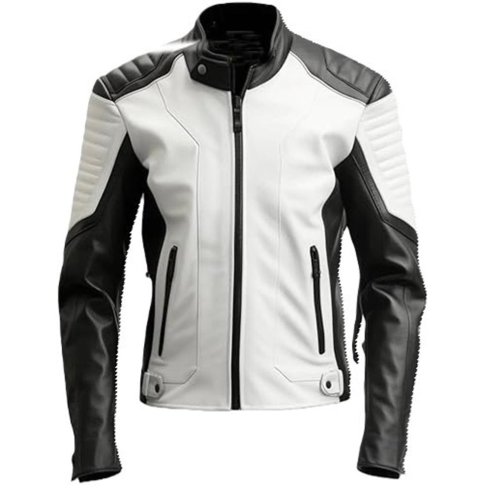 Striking Black White Genuine Sheepskin Biker Leather Jackets For Men