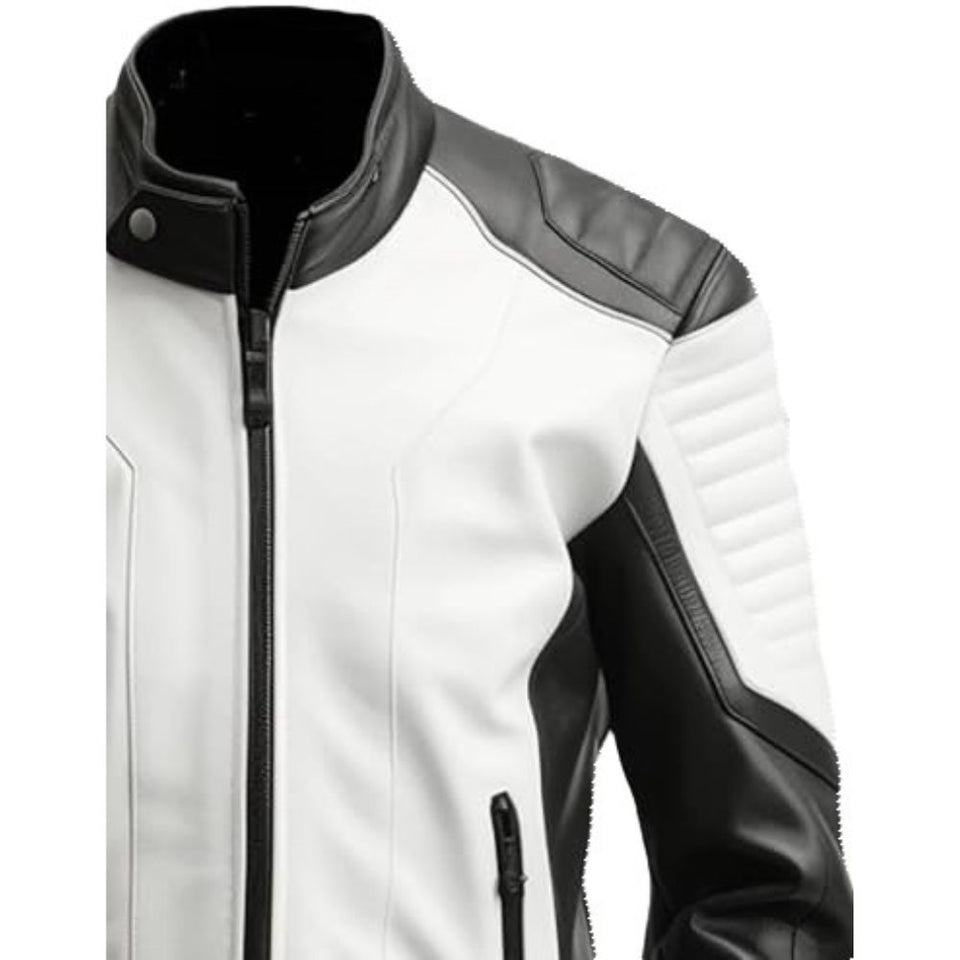 Striking Black White Genuine Sheepskin Biker Leather Jackets For Men