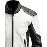 Striking Black White Genuine Sheepskin Biker Leather Jackets For Men