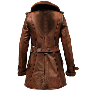 Vintage Brown Pure Sheepskin Faux Shearling Fur Leather Coat For Women