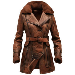 Vintage Brown Pure Sheepskin Faux Shearling Fur Leather Coat For Women