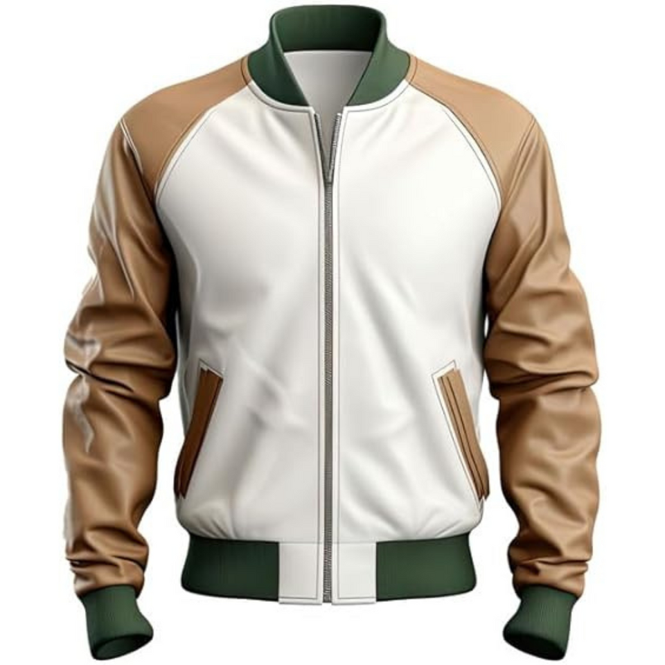 Winter Moto White-Brown Bomber Pure Sheepskin Leather Jacket For Men