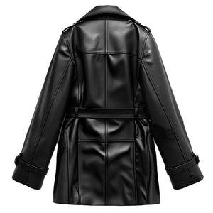 Black Double-Fronted Belted Genuine Sheepskin Leather Coat For Women