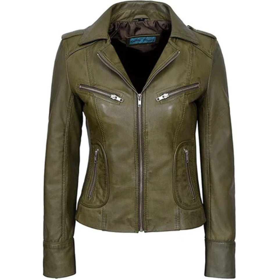Rider Lightweight Olive Green Pure Sheepskin Leather Jacket For Women