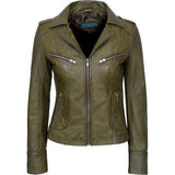 Rider Lightweight Olive Green Pure Sheepskin Leather Jacket For Women
