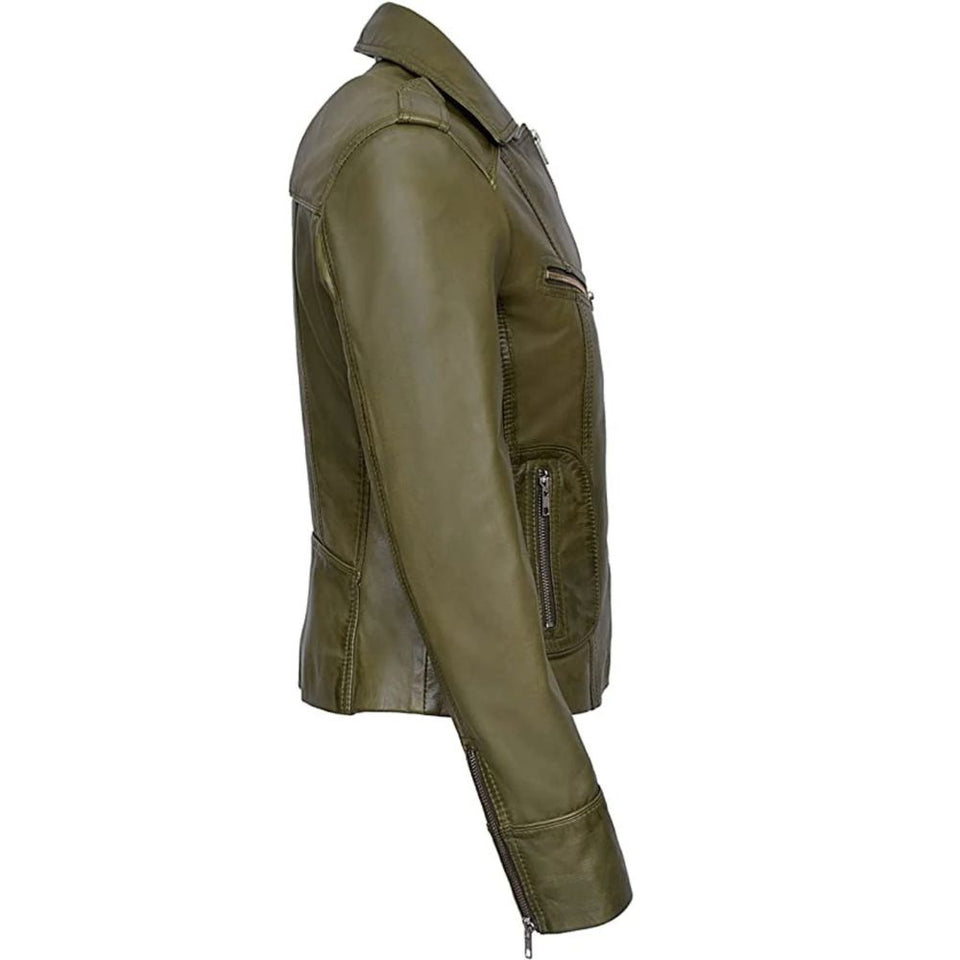 Rider Lightweight Olive Green Pure Sheepskin Leather Jacket For Women