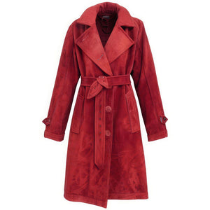 Red Genuine Suede Elegant Crossover Lapel Collar Trench Coat For Women