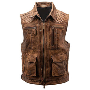 Distressed Brown Outerwear Genuine Sheepskin Leather Vest Coat For Men