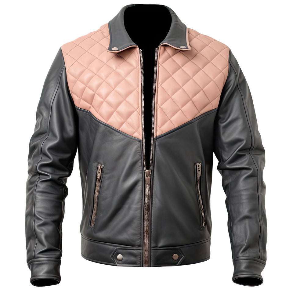 Pink Charcoal Grey Genuine Sheepskin Quilted Leather Jacket For Men