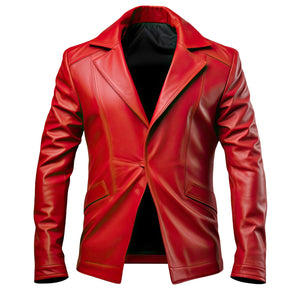 Classic Bold Red Single-Breasted Pure Sheepskin Leather Blazer For Men