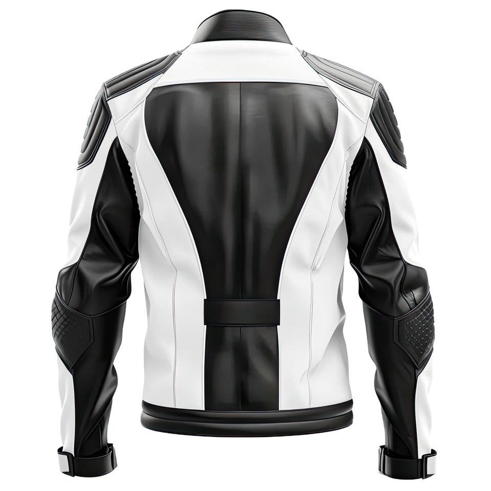 Winter White-Black Pure Quilted Sheepskin Moto Leather Jacket For Men
