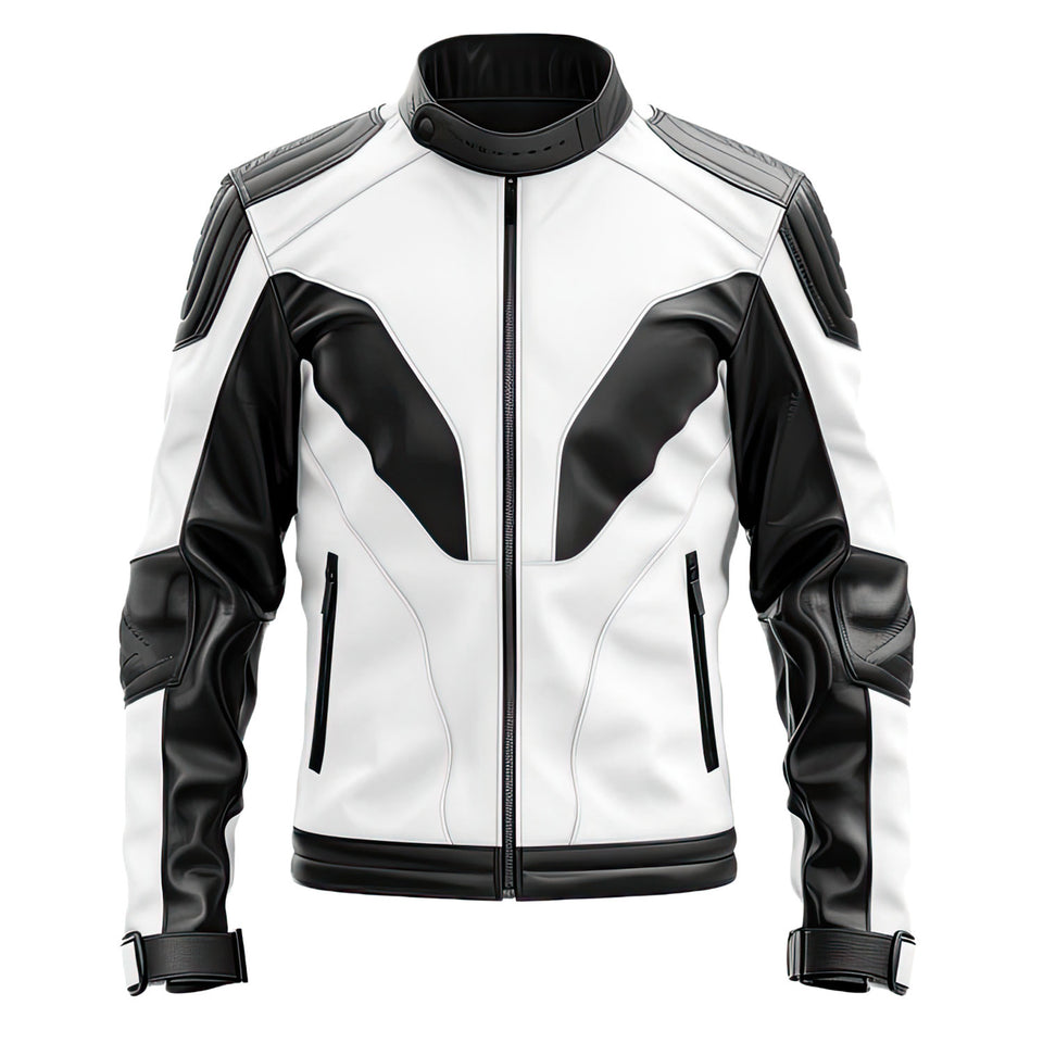 Winter White-Black Pure Quilted Sheepskin Moto Leather Jacket For Men