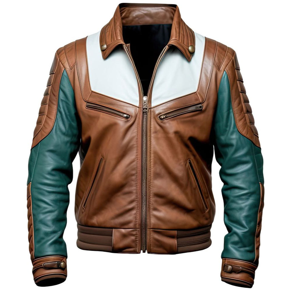 Brown-Green Quilted Genuine Sheepskin Bomber Leather Jacket For Men