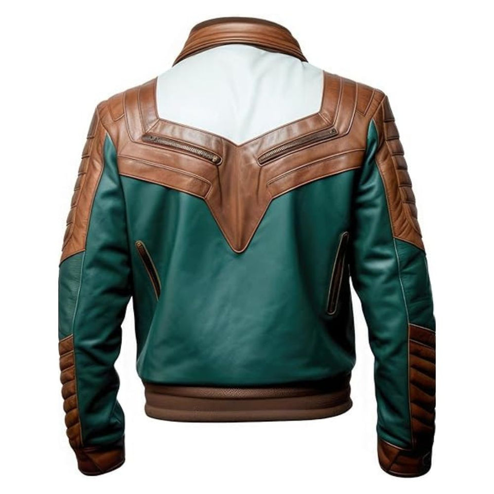 Brown-Green Quilted Genuine Sheepskin Bomber Leather Jacket For Men