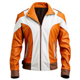 Orange-White Café Moto Racer Genuine Sheepskin Leather Jacket For Men