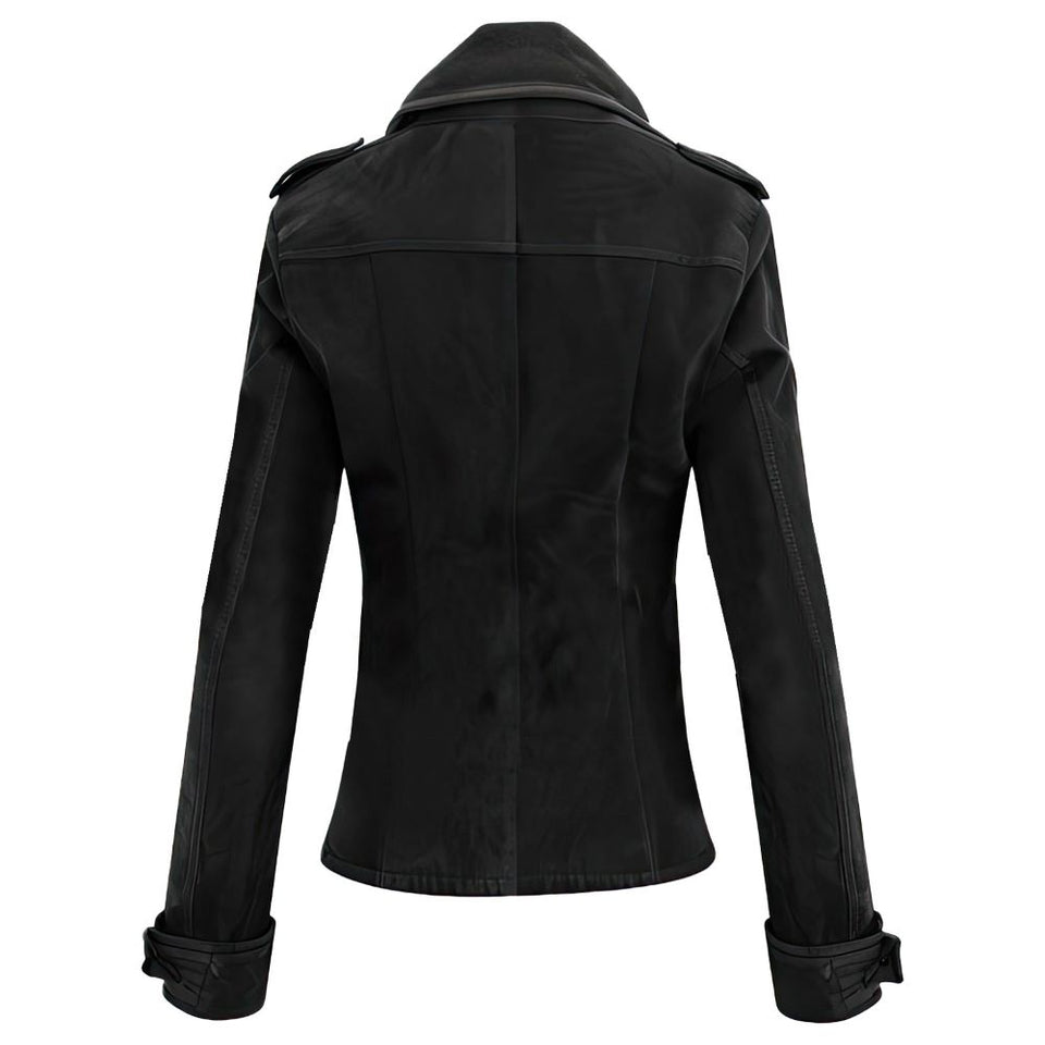 Black Premium Double-Breasted Suede Sheepskin Leather Coat For Women