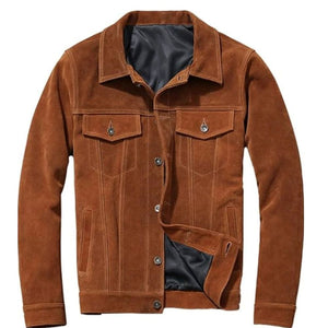 Brown Vintage Bike-Rider Pure Sheepskin Suede Leather Jacket For Men