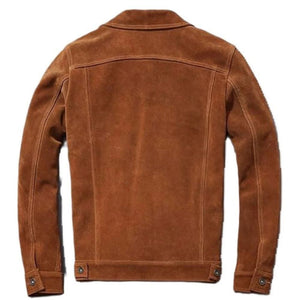 Brown Vintage Bike-Rider Pure Sheepskin Suede Leather Jacket For Men