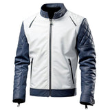 Navy Blue Grey Genuine Sheepskin Quilted Biker Leather Jacket For Men