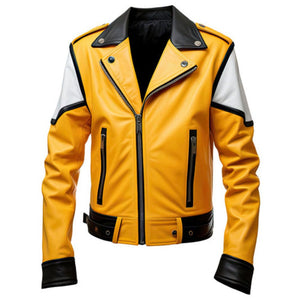 Winter Yellow-White Café Racer Pure Sheepskin Leather Jacket For Men