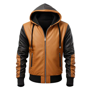 Brown Pure Sheepskin Rib Knitted Hooded Bomber Leather Jacket For Men