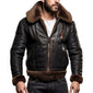 Black Aviator B3 Bomber Faux Fur Pure Cowhide Leather Jacket For Men