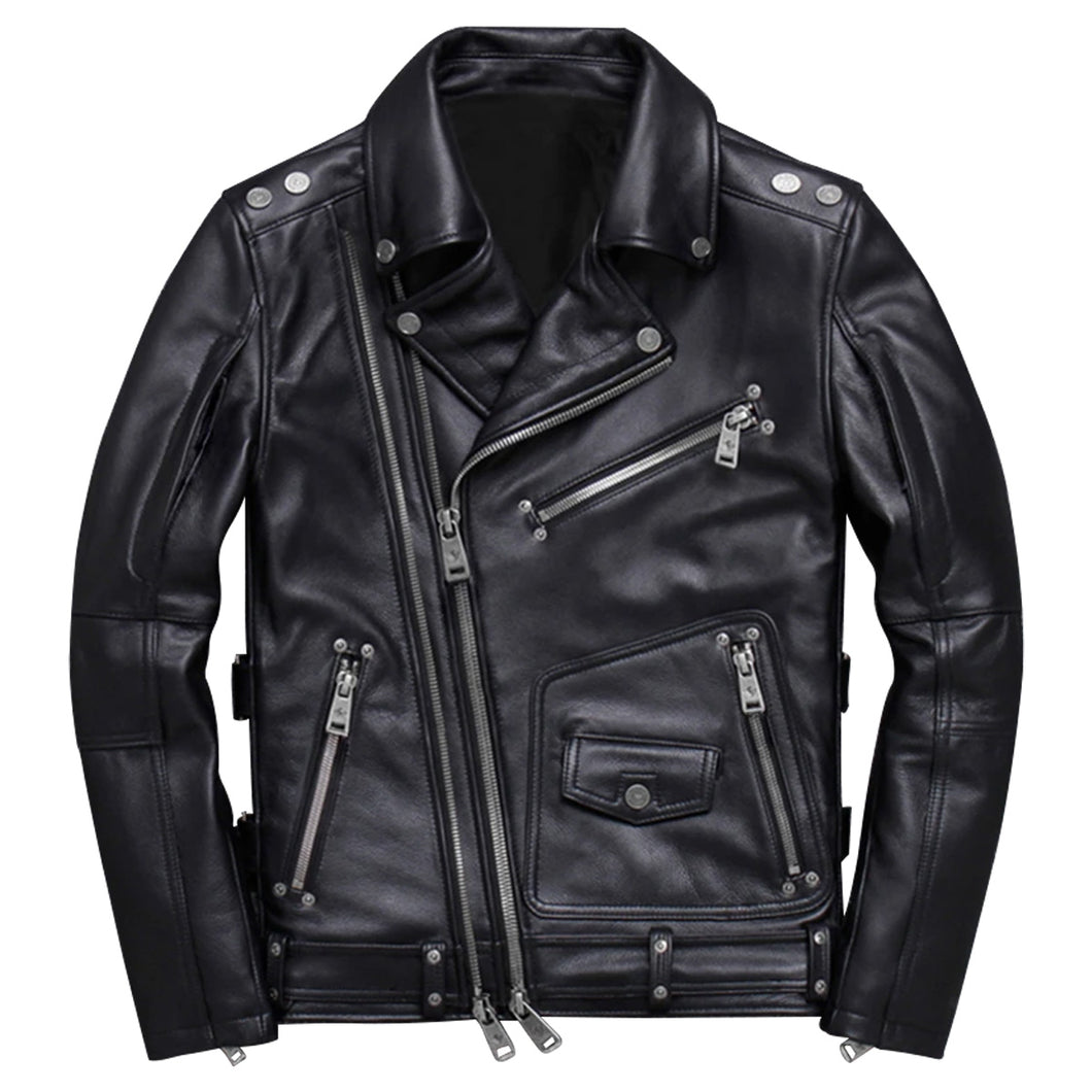 Black Genuine Sheepskin Asymmetrical Slim-Fit Leather Jacket For Men