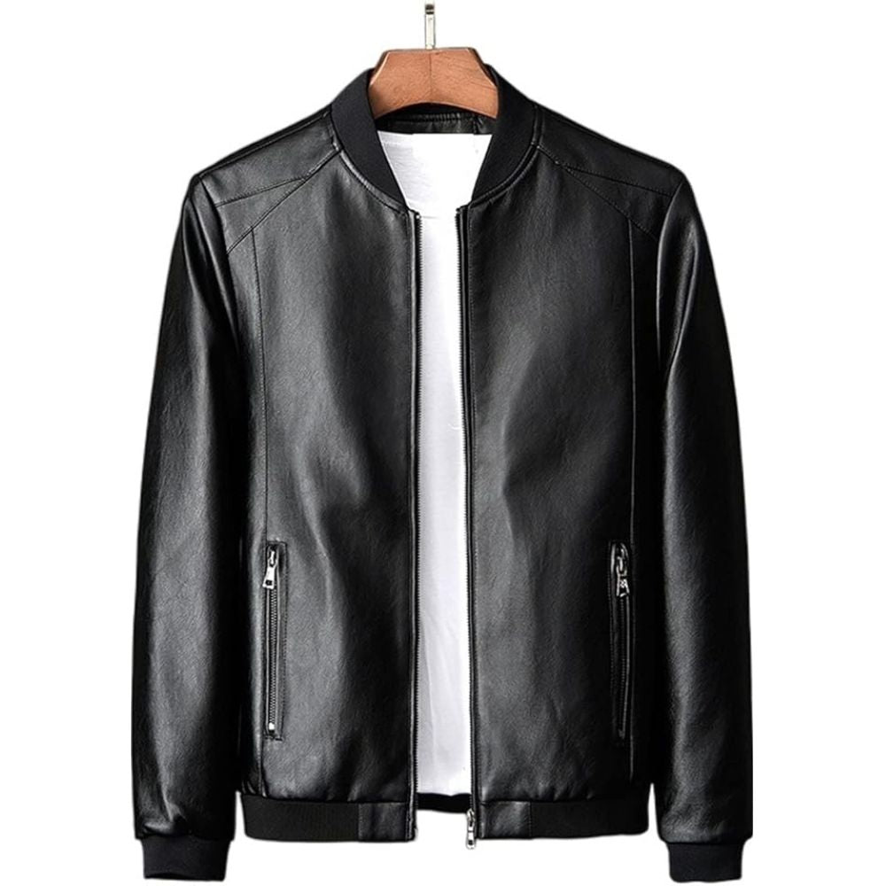 Winter Classic Black Pure Sheepskin Leather Bomber Jacket For Men