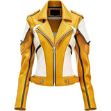 Yellow White Paneled Genuine Sheepskin Biker Leather Jacket For Women