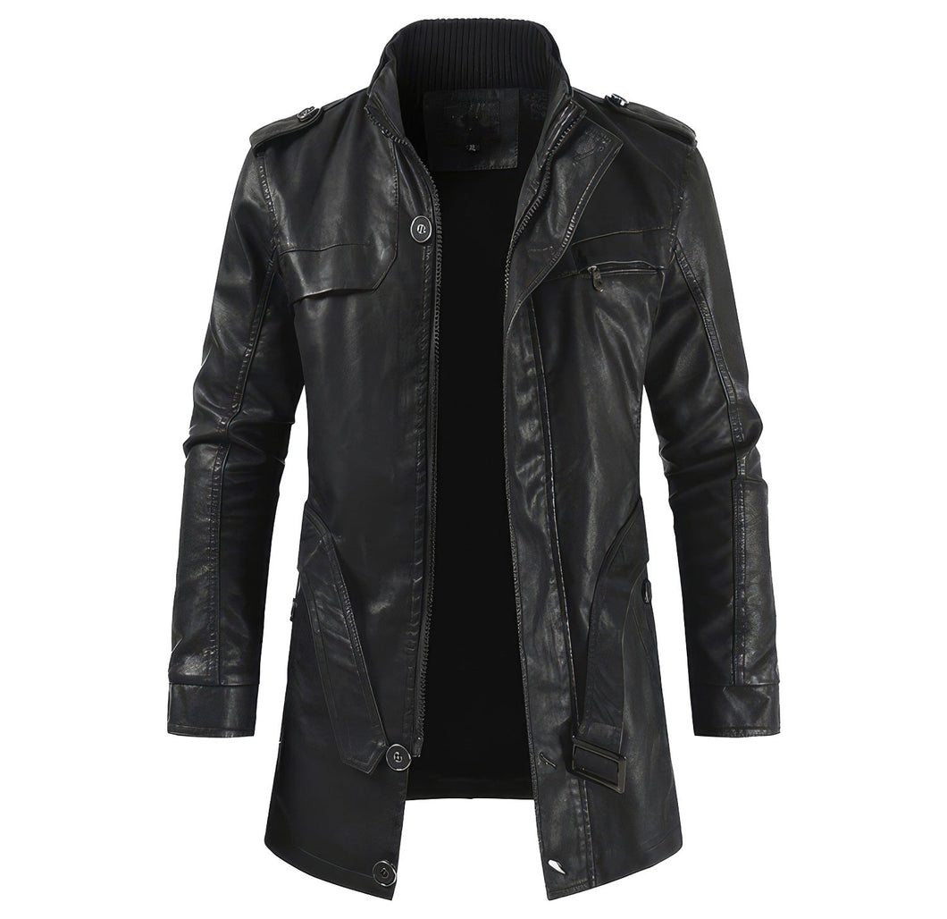 Winter Black Single-Breasted Sheepskin Trench Leather Overcoat For Men