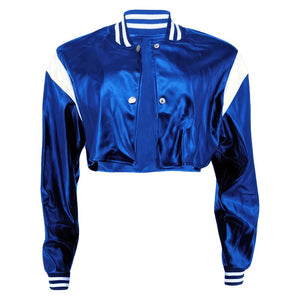 Blue Cropped Baseball Top Genuine Sheepskin Leather Jacket For Women