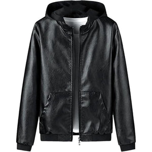 Black Winter Pure Sheepskin Hooded Zipper Biker Leather Jacket For Men