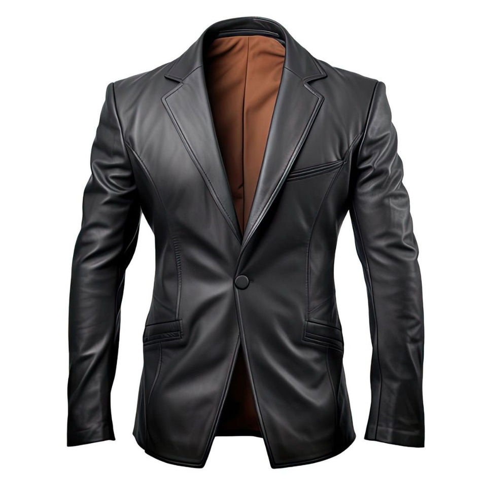 Black Genuine Sheepskin Blazer Notch Lapel collar Leather Coat For Men