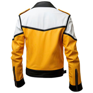 Winter Yellow-White Café Racer Pure Sheepskin Leather Jacket For Men