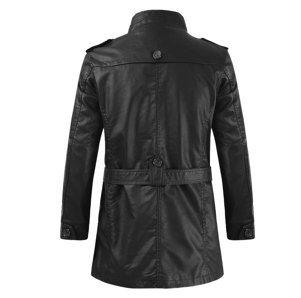 Winter Black Single-Breasted Sheepskin Trench Leather Overcoat For Men