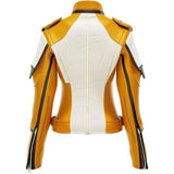 Yellow White Paneled Genuine Sheepskin Biker Leather Jacket For Women