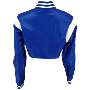 Blue Cropped Baseball Top Genuine Sheepskin Leather Jacket For Women