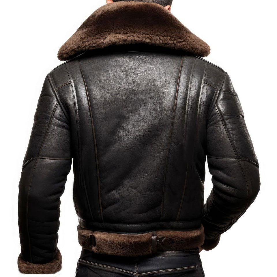 Black Aviator B3 Bomber Faux Fur Pure Cowhide Leather Jacket For Men