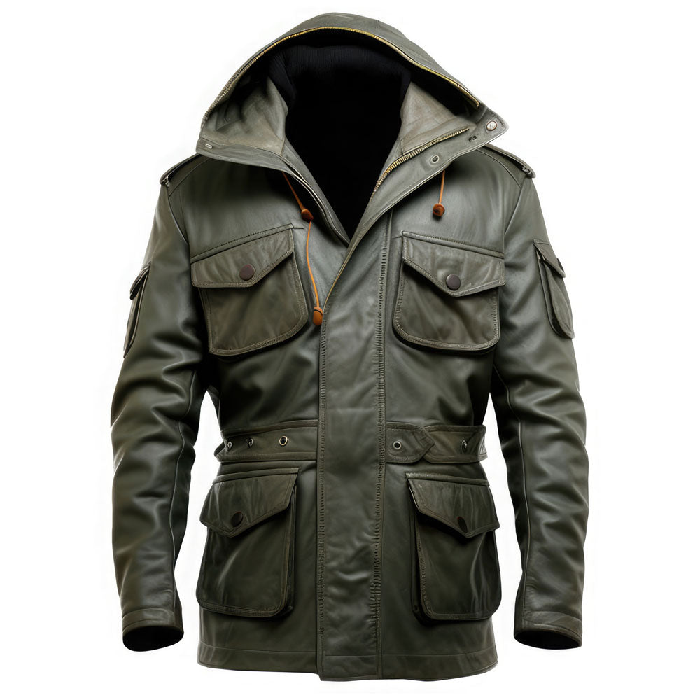 Olive Green Genuine Sheepskin Military Style Warm Leather Coat For Men