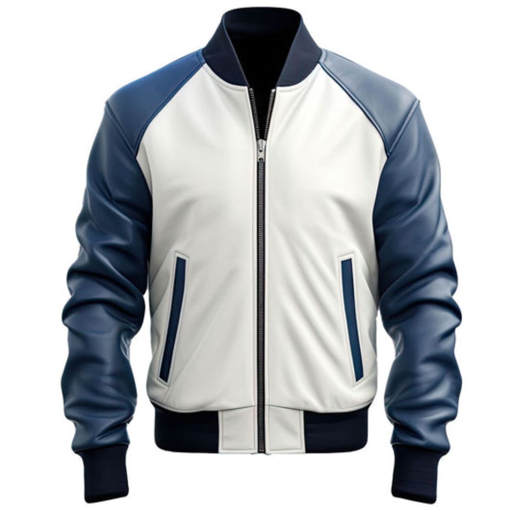 Winter Navy Blue White Genuine Sheepskin Leather Bomber Jacket For Men