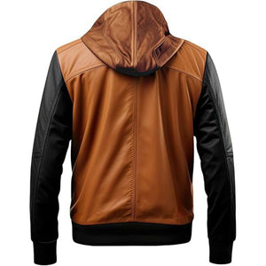 Brown Pure Sheepskin Rib Knitted Hooded Bomber Leather Jacket For Men