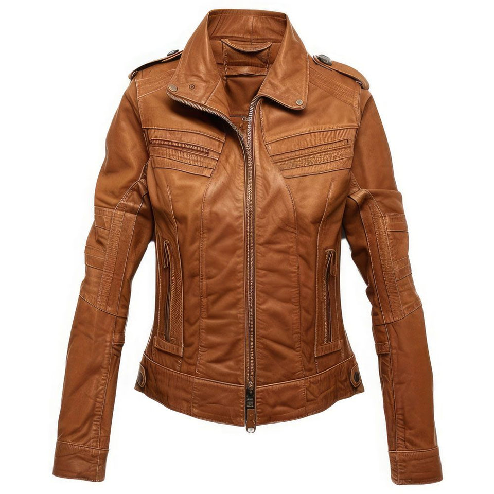 Winter Brown Moto Racer Pure Sheepskin Biker Leather Jacket For Women