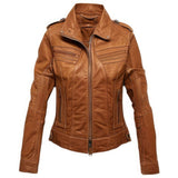 Winter Brown Moto Racer Pure Sheepskin Biker Leather Jacket For Women