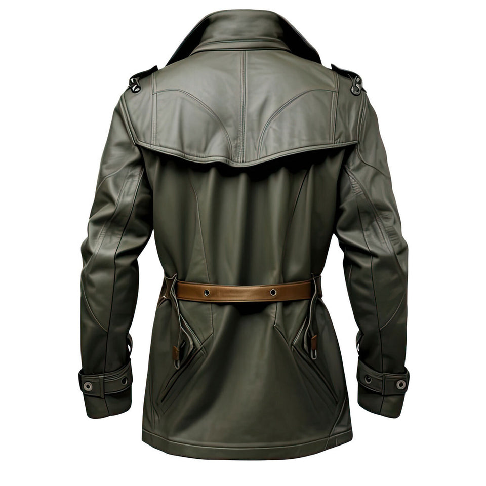 Olive Green Genuine Sheepskin Military Style Warm Leather Coat For Men