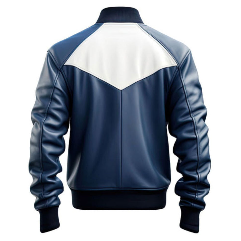 Winter Navy Blue White Genuine Sheepskin Leather Bomber Jacket For Men