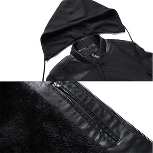 Black Pure Sheepskin Faux Shearling Fur Hoodie Leather Jacket For Men