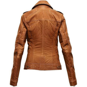 Winter Brown Moto Racer Pure Sheepskin Biker Leather Jacket For Women